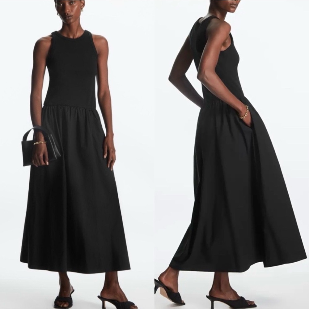 COS Contrast Panel Midi Dress Jersey Poplin Tiered Black Minimal Womens M